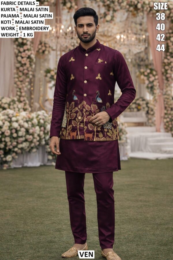 Ready To Wear Malai Satin Men's Wedding Style Kurta, Koti And Pyjama Sets