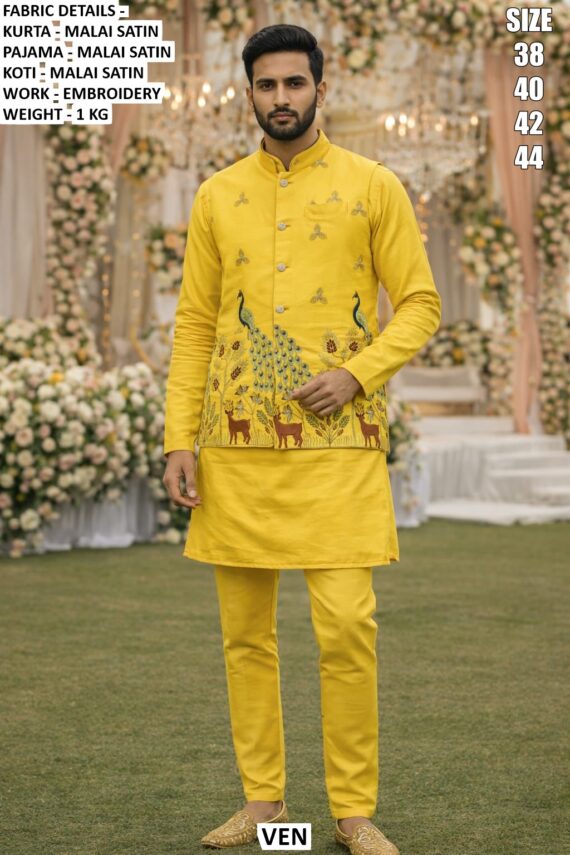 Ready To Wear Malai Satin Men's Wedding Style Kurta, Koti And Pyjama Sets