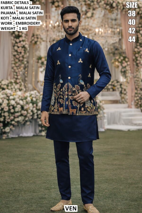 Ready To Wear Malai Satin Men's Wedding Style Kurta, Koti And Pyjama Sets