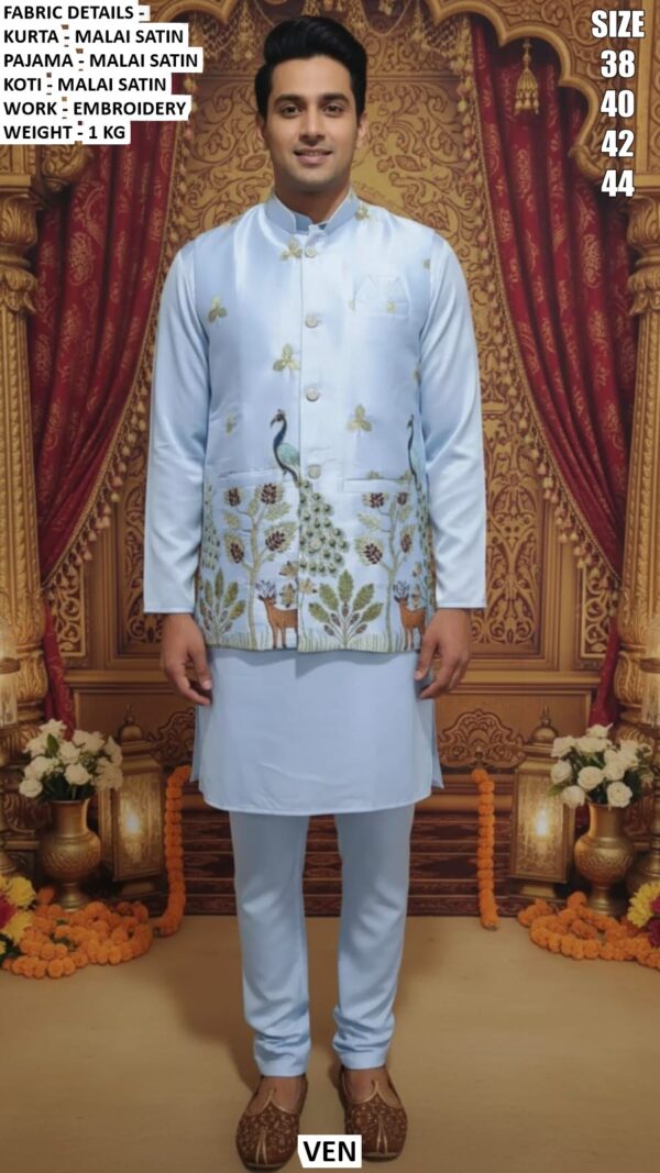 Ready To Wear Malai Satin Men's Wedding Style Kurta, Koti And Pyjama Sets