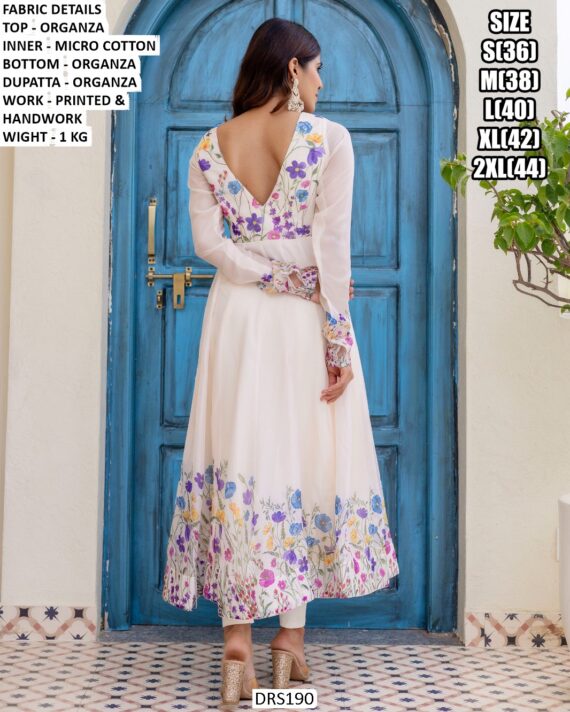 Multi Floral Organza Anarkali White Kurti Set With Printed And Hand Work