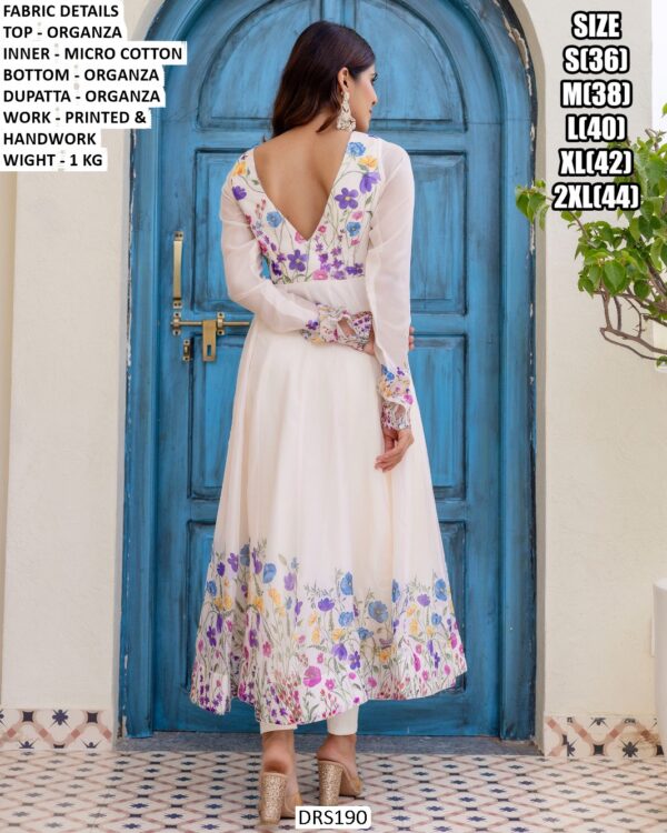 Multi Floral Organza Anarkali White Kurti Set With Printed And Hand Work