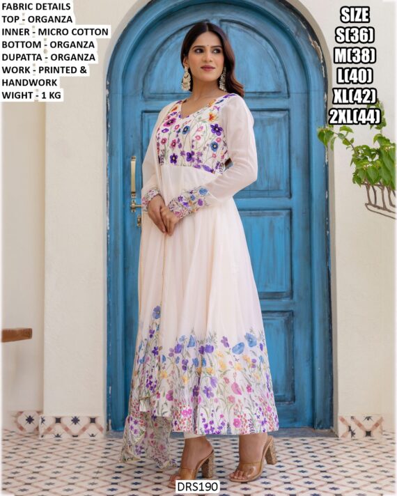 Multi Floral Organza Anarkali White Kurti Set With Printed And Hand Work