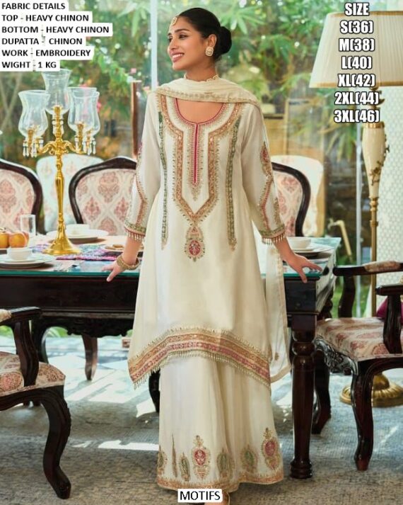 Designed For Any Celebrations This Heavy Work Chinon Pakistani Suits In Black And Ivory Colour!