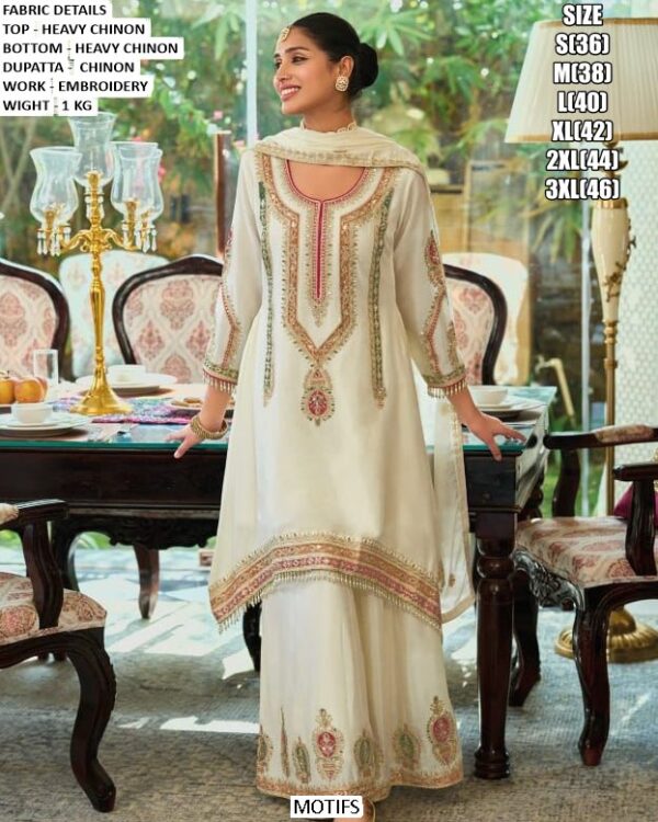 Designed For Any Celebrations This Heavy Work Chinon Pakistani Suits In Black And Ivory Colour!