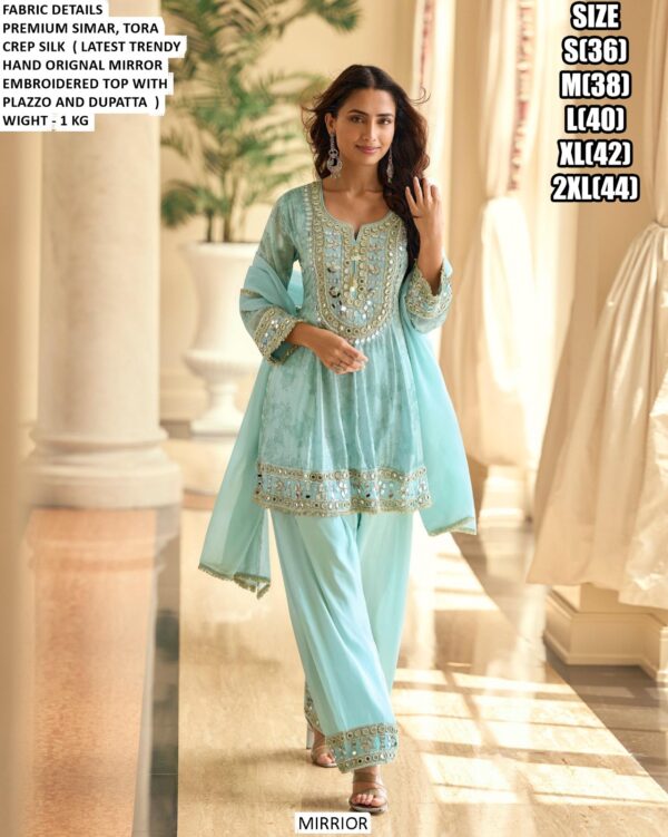 Original Mirror Embroidered Top Paired With Matching Plazo And Dupatta - Indian Wedding Wear