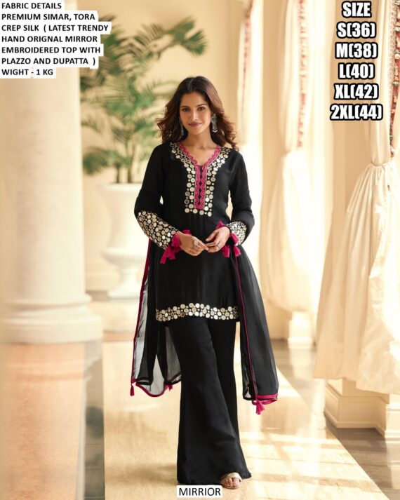 Original Mirror Embroidered Top Paired With Matching Plazo And Dupatta - Indian Wedding Wear