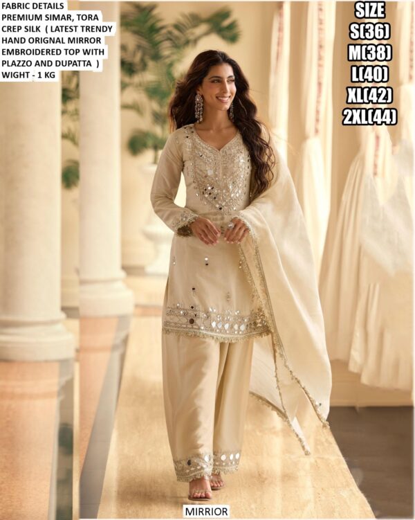 Original Mirror Embroidered Top Paired With Matching Plazo And Dupatta - Indian Wedding Wear