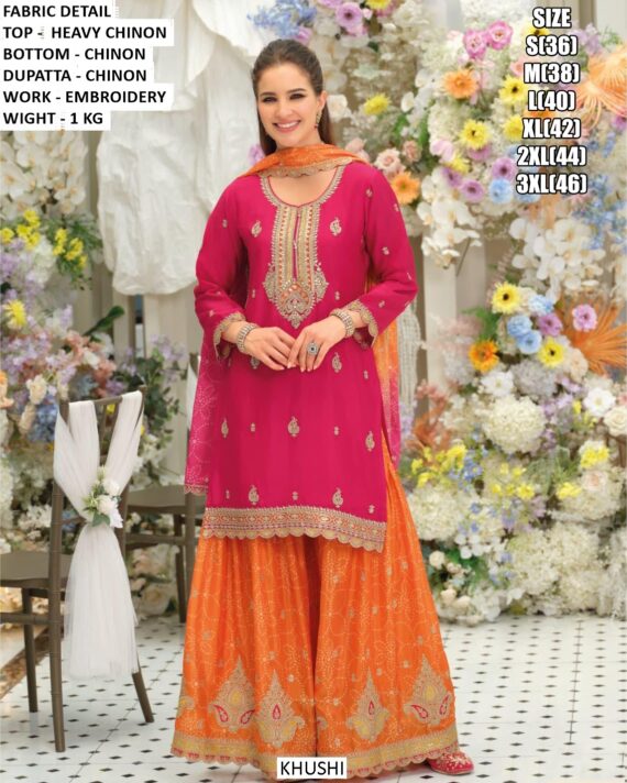 Women's Heavy Look And Beautiful Embroidered Party Wear Chinon Pakistani Gharara Suits