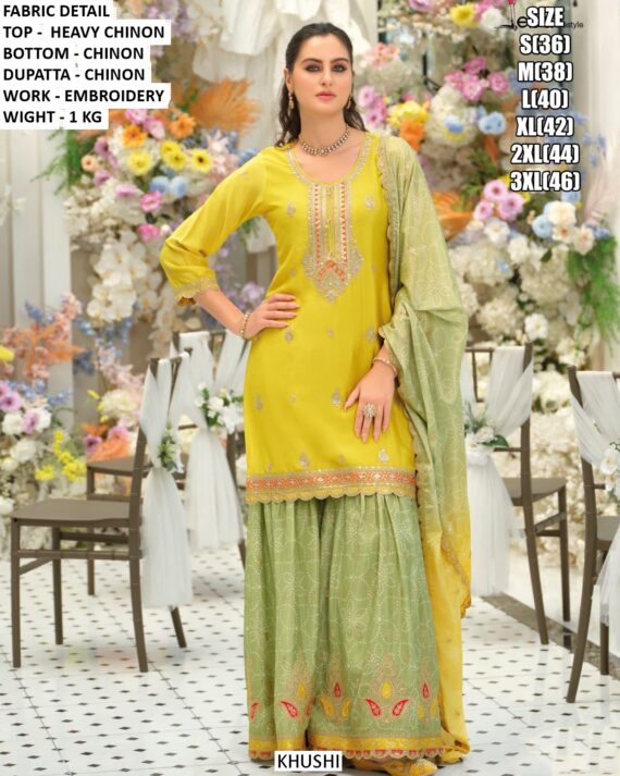 Women's Heavy Look And Beautiful Embroidered Party Wear Chinon Pakistani Gharara Suits