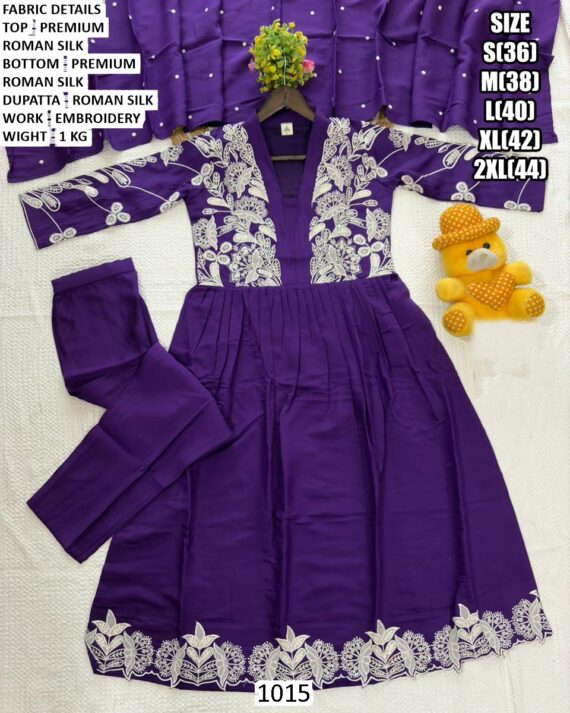 Premium Quality Roman Silk Purple Anarkali Suit Set And Designed With Fine Embroidery Work