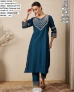 Blue And Purple Colour Embroidery Work Roman Silk Stitched Straight Kurti Set And Dupatta