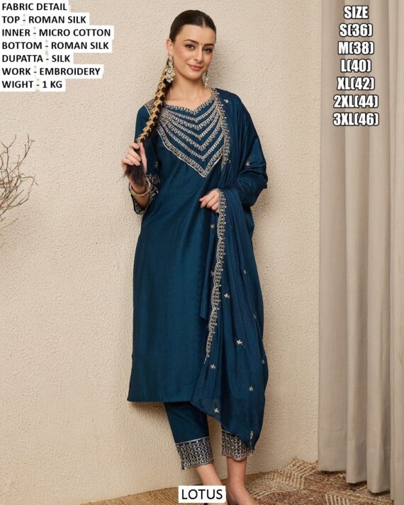 Blue And Purple Colour Embroidery Work Roman Silk Stitched Straight Kurti Set And Dupatta
