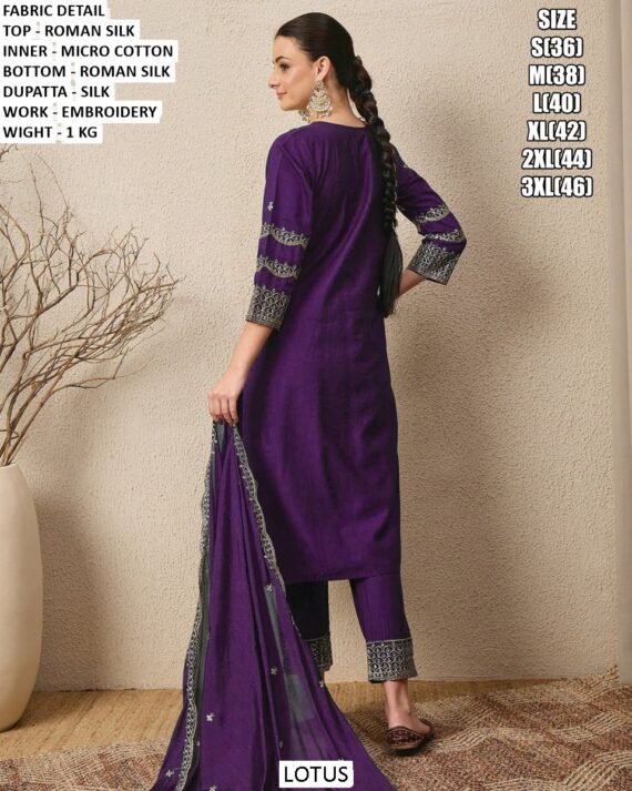 Blue And Purple Colour Embroidery Work Roman Silk Stitched Straight Kurti Set And Dupatta