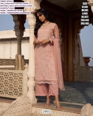 Baby Pink Voile Swarovski, Embroidered And Handwork Straight Kurta With Plazo Suit