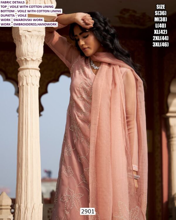 Baby Pink Voile Swarovski, Embroidered And Handwork Straight Kurta With Plazo Suit