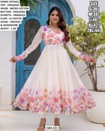 Flower Printed And Hand Work Organza Anarkali Suit In White Colour!