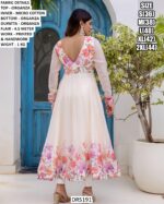 Flower Printed And Hand Work Organza Anarkali Suit In White Colour!