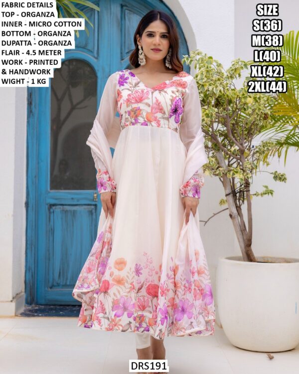 Flower Printed And Hand Work Organza Anarkali Suit In White Colour!