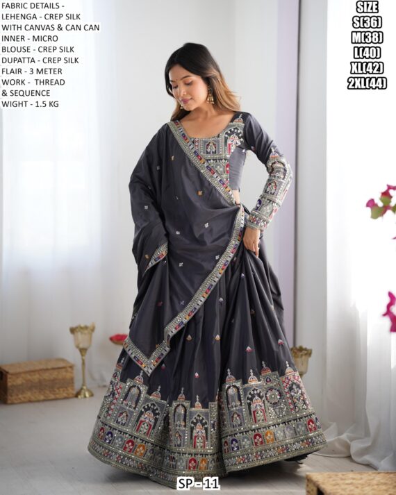 Sequence Embroidery Work Crepe Silk Lehenga Choli For Wedding Ceremony, Evening Or Occasions