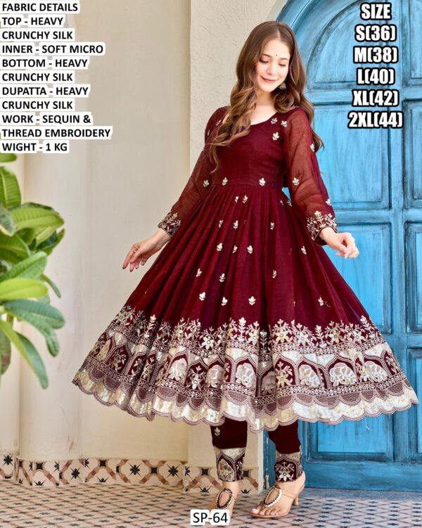 Maroon Crunchy Silk Sequence Embroidery Anarkali Suit Ready To Wear For Weddings