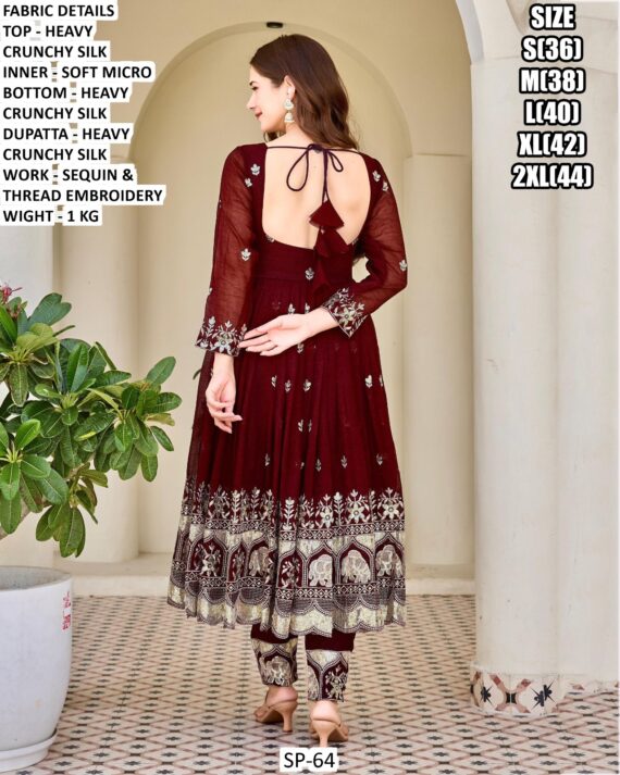 Maroon Crunchy Silk Sequence Embroidery Anarkali Suit Ready To Wear For Weddings