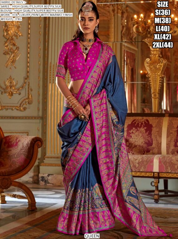 High Quality Super 801 P.v Silk With H.b. Luxury Print With Marmo Finish Party Wear Sarees