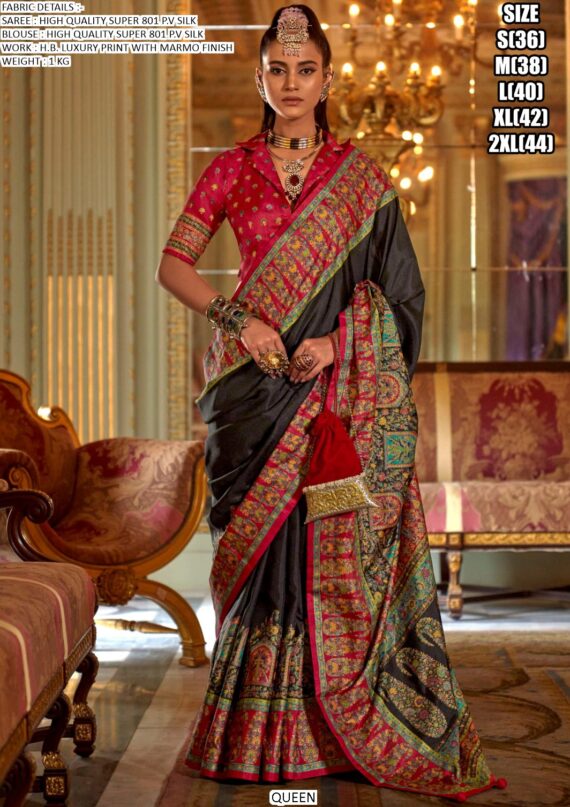 High Quality Super 801 P.v Silk With H.b. Luxury Print With Marmo Finish Party Wear Sarees
