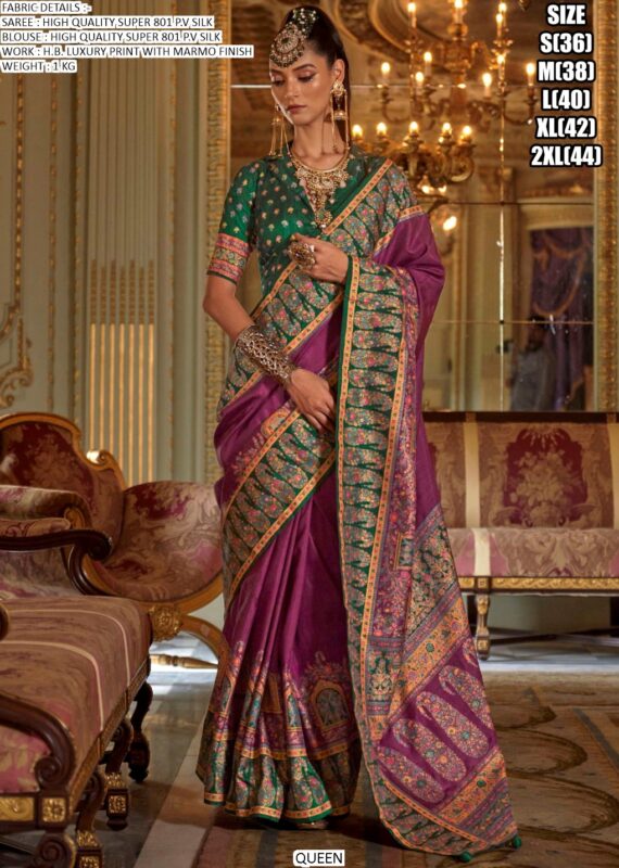 High Quality Super 801 P.v Silk With H.b. Luxury Print With Marmo Finish Party Wear Sarees