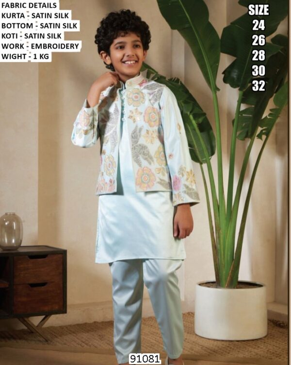 Malai Satin Silk Embroidered Kurta With Jacket Set For Little Boys - Ethnicrang