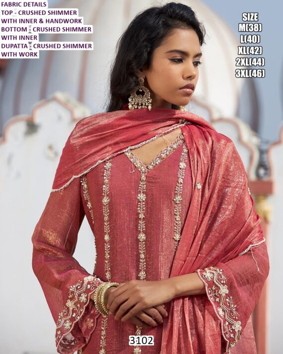 Fully Stitched Crushed Shimmer Hand Work Party Wear Suit In Candy Pink Colour!