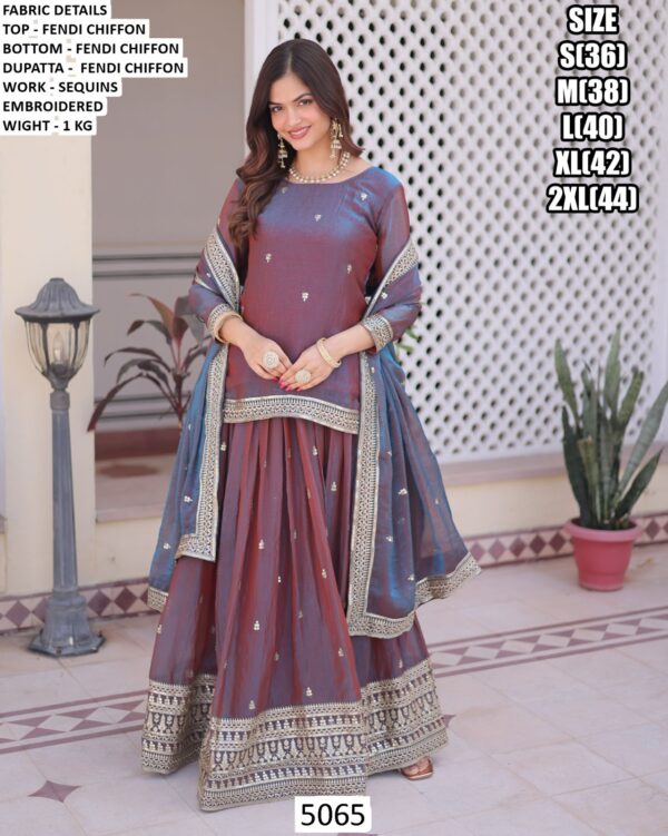 Get Ready To Elevate Your Festivities With A New Fendi Chiffon Iridescent Maroon Colour Lehenga Style Dress