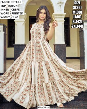 Women's Printed Party Wear Rayon Trendy Looks Ruffle Flair Gowns For Casual Occasions