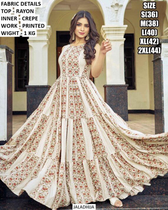 Women's Printed Party Wear Rayon Trendy Looks Ruffle Flair Gowns For Casual Occasions