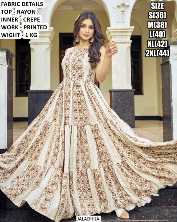 Women's Printed Party Wear Rayon Trendy Looks Ruffle Flair Gowns For Casual Occasions