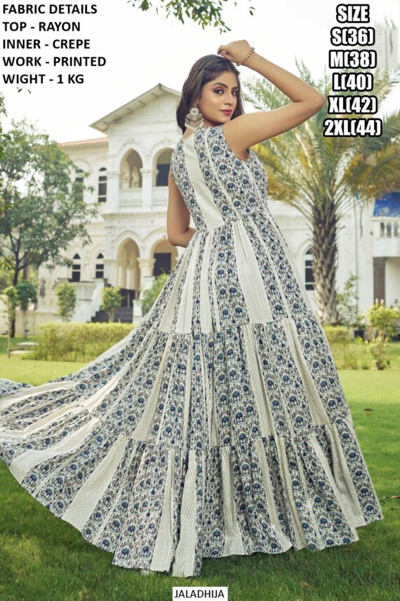 Women's Printed Party Wear Rayon Trendy Looks Ruffle Flair Gowns For Casual Occasions