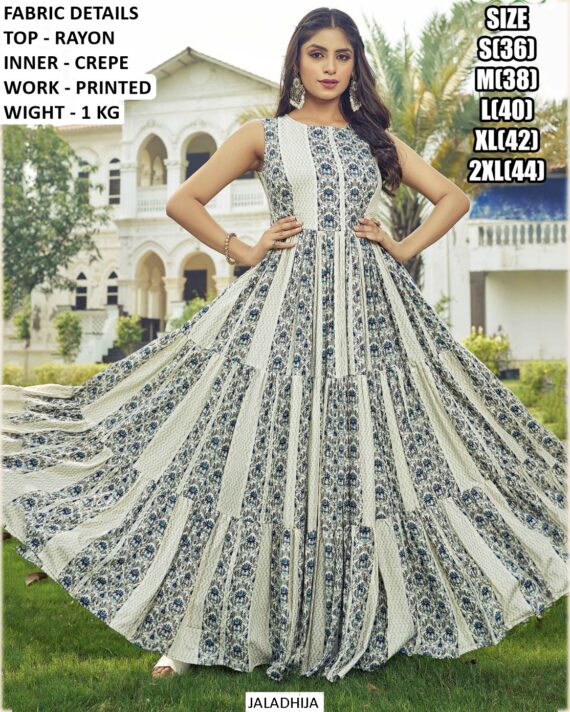 Women's Printed Party Wear Rayon Trendy Looks Ruffle Flair Gowns For Casual Occasions