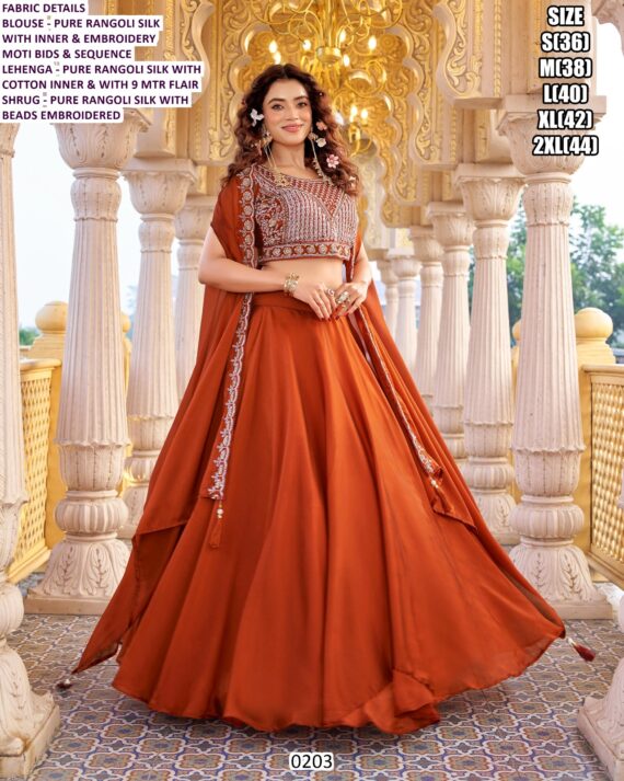 Orange And Purple Rangoli Silk Plain Lehenga With Heavy Worked Blouse And Shrug