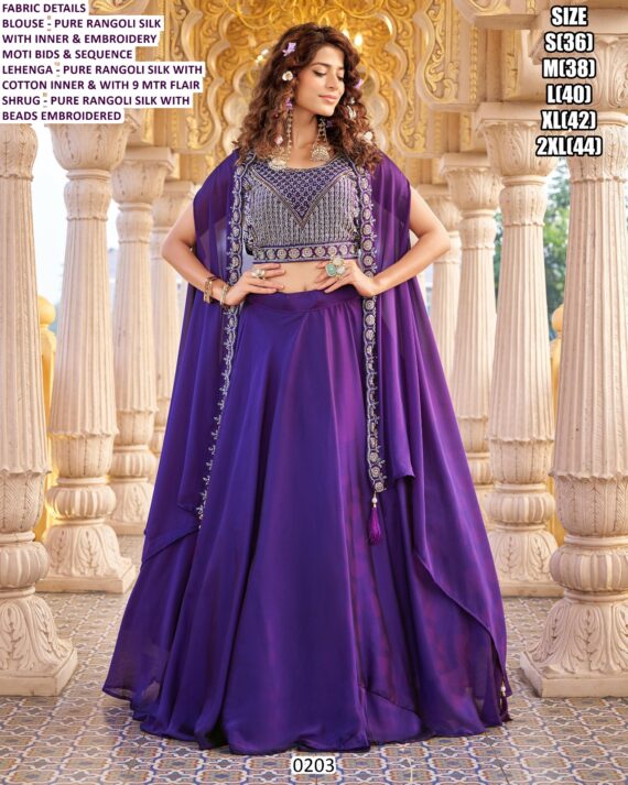 Orange And Purple Rangoli Silk Plain Lehenga With Heavy Worked Blouse And Shrug