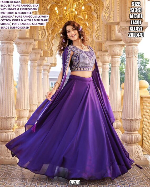 Orange And Purple Rangoli Silk Plain Lehenga With Heavy Worked Blouse And Shrug