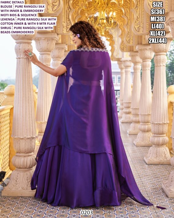 Orange And Purple Rangoli Silk Plain Lehenga With Heavy Worked Blouse And Shrug