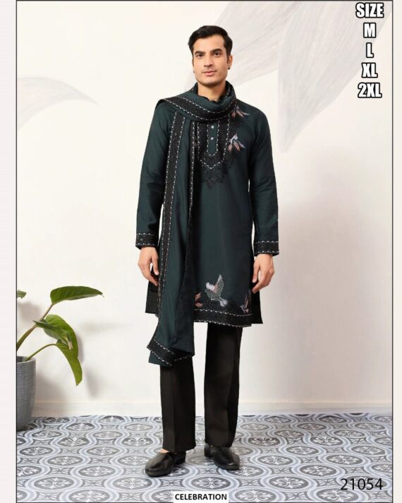 Beautiful Embroidery Work Viscose Silk Men's Readymade Kurta With Traditional Dupatta