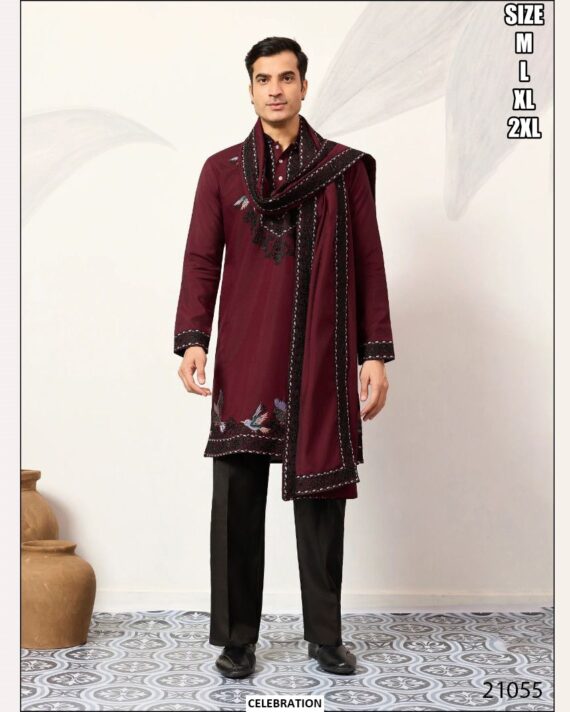 Beautiful Embroidery Work Viscose Silk Men's Readymade Kurta With Traditional Dupatta