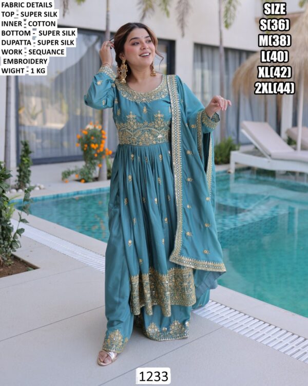 Exclusive Turquoise Blue And Chiku Colour Super Silk Ready To Wear Salwar Kameez