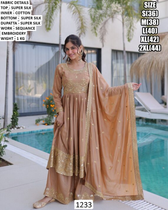 Exclusive Turquoise Blue And Chiku Colour Super Silk Ready To Wear Salwar Kameez