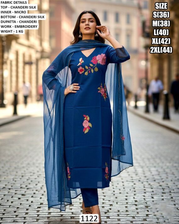 A Classy Kurti Pant Sets In Pure Chanderi Silk, Beautifully Finished With Embroidery For A Simple Look