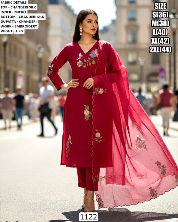 A Classy Kurti Pant Sets In Pure Chanderi Silk, Beautifully Finished With Embroidery For A Simple Look