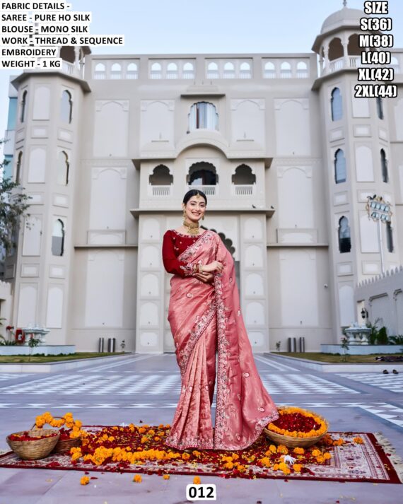 Pure Ho Silk Heavy Thread And Sequins Embroidered Wedding Wear Saree And Designer Blouse