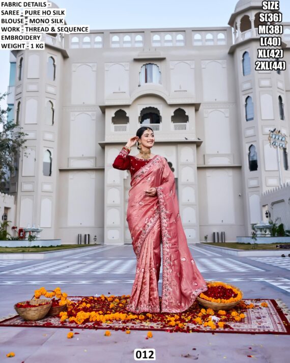 Pure Ho Silk Heavy Thread And Sequins Embroidered Wedding Wear Saree And Designer Blouse