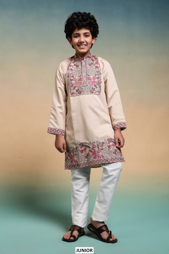 Shop Kid's Boys Multi Colour Thread Embroidery Work Kurta And Pajama In Viscose Silk Fabric
